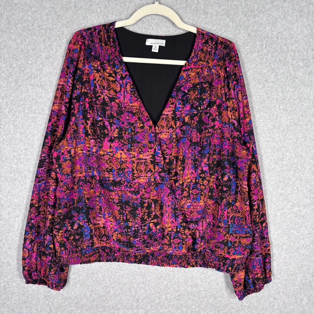 Allison Joy Wrap Smocked Blouse XL Pink Orange Abstract Peasant Artsy Maximalist